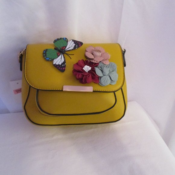 Crossbody Bag 3D Floral Pattern Faux Leather Mustard - Picture 1 of 9